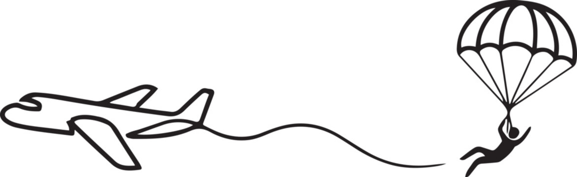 the continuous single drawn one line parachutist jumps out of the plane, the athlete. one line icon drawing vector