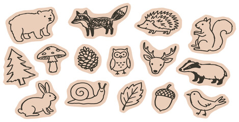 Fototapeta premium Cute hand-drawn forest animals and nature elements in a doodle style for children's designs.