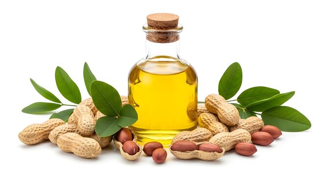 A clear glass bottle of golden peanut oil stands surrounded by peanuts and fresh green leaves