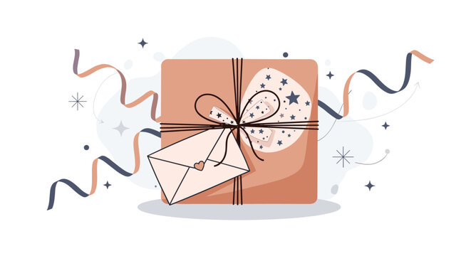 Beautifully wrapped brown gift box tied with twine and decorated with a starry tag and a pink envelope for a special occasion.