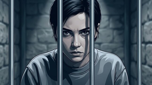 Woman behind metal bars looking into the camera in a dark prison cell for criminal law, justice, or dark thematic concepts.