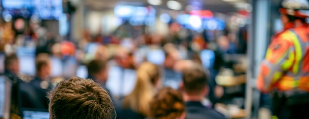 Obraz premium People sitting at computer workstations in busy security command center 