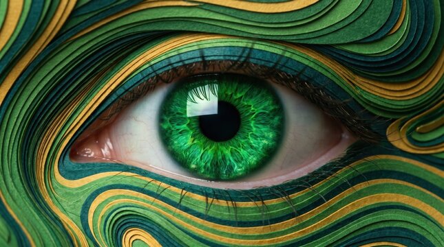 Human Eye Macro with Green Iris Surrounded by Layered Papercut Waves and Topographic Patterns for Vision and Creative Media