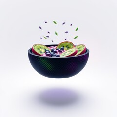 Obraz premium Floating bowl contains kiwi slices, blueberries, purple petals, green leaves. Dramatic lighting creates vibrant colors, modern aesthetic.