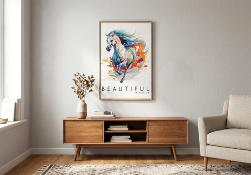 Realistic Wooden Poster Mockup in Living Room