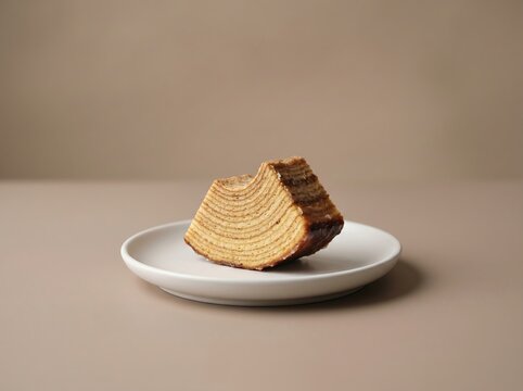 Side view of baumkuchen showing fine concentric layers and caramelized edge