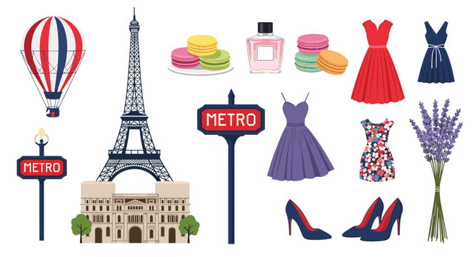 Iconic symbols of Paris including the Eiffel Tower, macarons, stylish dresses, lavender, and traditional metro signs.