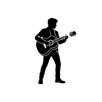 Black silhouette icon vector of a man playing acoustic guitar, standing pose, detailed musician posture, monocolor design, clean vector lines, isolated on white background, SVG style, clipart icon