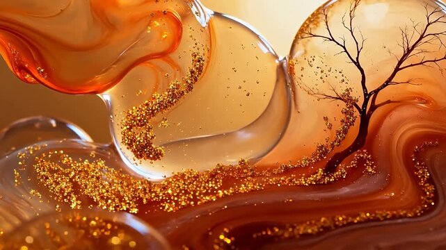 Abstract glass art with tree and gold sparkles
