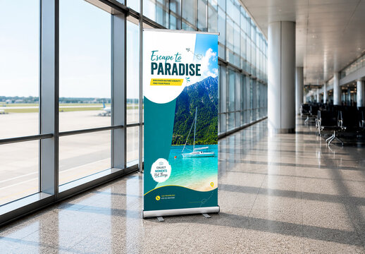 Roll Up Banner Mockup in Modern Airport Terminal