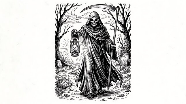 Grim Reaper holding a lantern in a dark spooky graveyard illustration