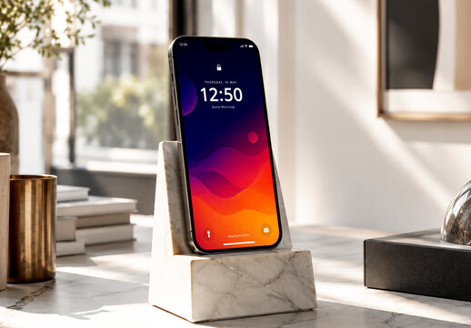Smartphone Mockup on Marble Stand in Bright Modern Workspace