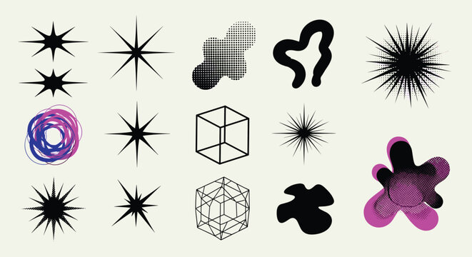 Assorted collection of abstract retro shapes, stars, blobs, and geometric cubes in a minimalist black and purple style.