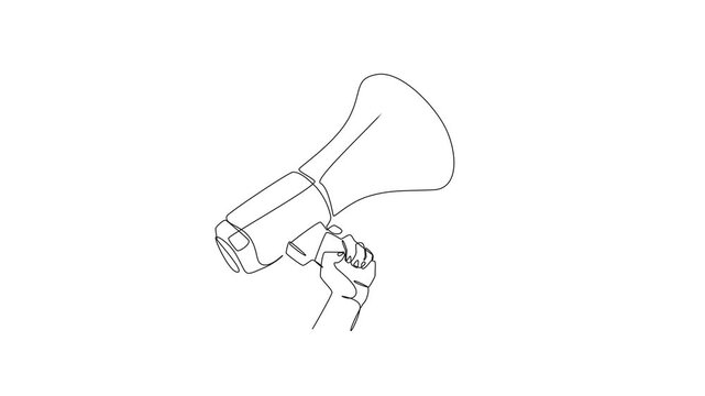 Continuous one line drawing of people hand with megaphone for sales, announcement, and protest concept animation.