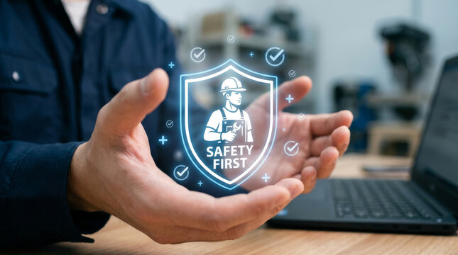Industrial safety first concept with glowing digital shield icon, worker protection and occupational health standards, technician holding virtual security interface