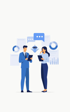 Businessman and businesswoman analyzing data on tablets with AI chatbot icon artificial intelligence and data analysis concept vector illustration