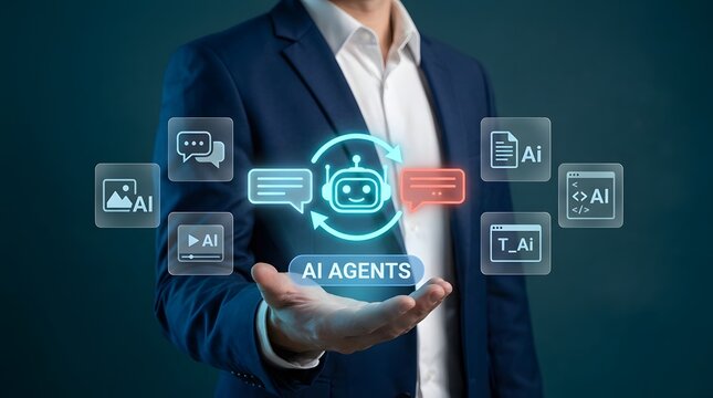 Businessman holding holographic AI agents interface with icons for chat, code, media and automation
