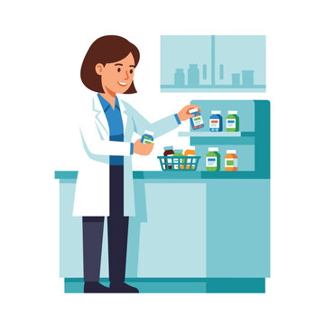 A pharmacist handing pharmacist  medicine to customers  a shelf in a store