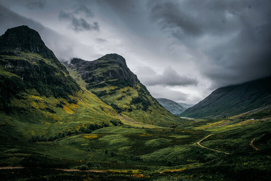 Dramatic, moody terrain of Glen Coe in the Scottish Highlands.