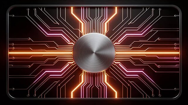 Circuit board with glowing lines and central disc