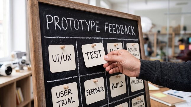 Prototype feedback testing concept with hand placing test card