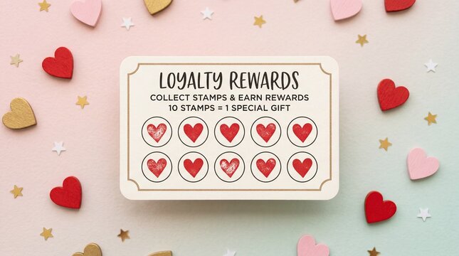 Customer loyalty reward card with hearts and stars on pastel background