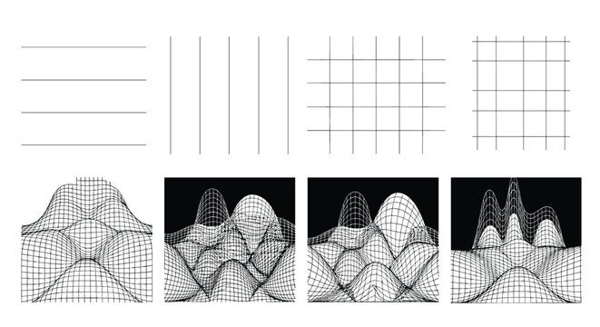 Technical diagrams and three dimensional wireframe models showing various stages of grid and surface deformation.