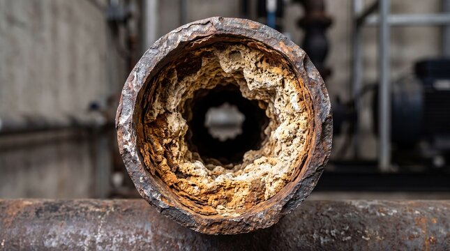 Corroded metal pipe with limescale buildup maintenance problem concept