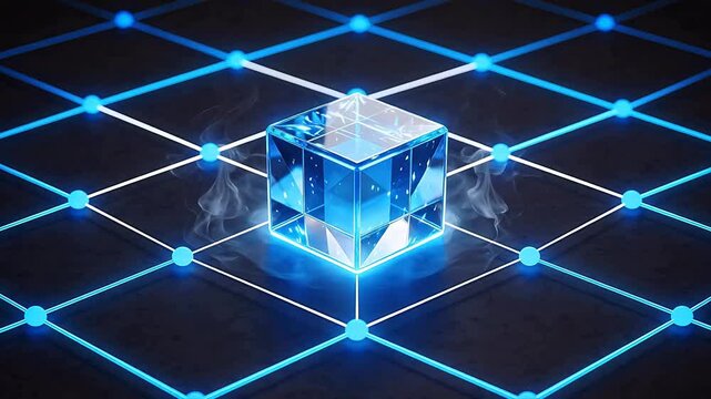 Blue glowing cube on grid