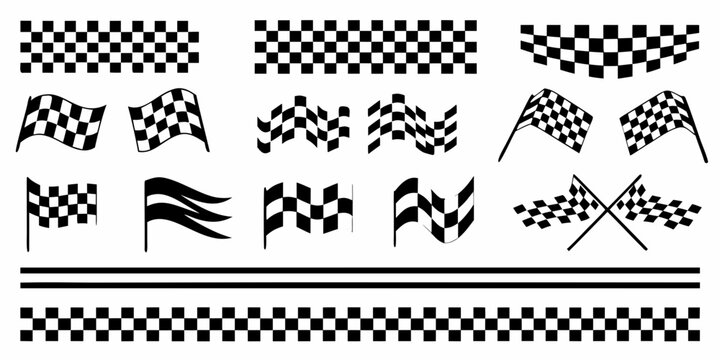 Checkered Pattern And Racing Flags Black And White Vector Illustration