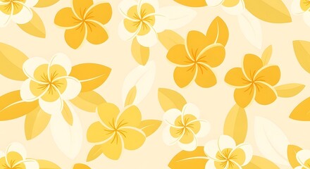 Fototapeta premium A seamless pattern of yellow and white plumeria flowers and leaves on a pale yellow background.