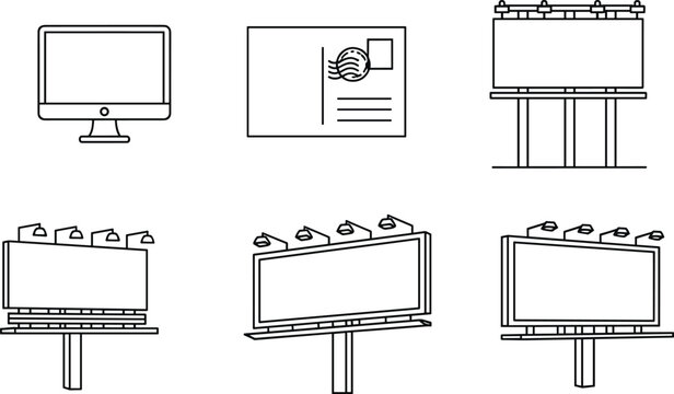 Advertising media icon set with outdoor billboards computer monitor and postcard line vectors for commercial marketing and business promotion design