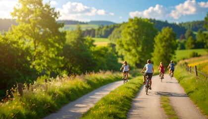 Obraz premium Family cycling through scenic countryside during sunny summer vacation