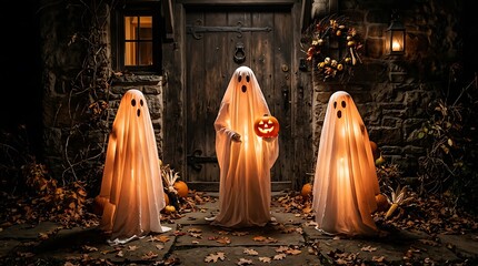 Fototapeta premium Three kids in ghost costumes trick or treating at night illustration