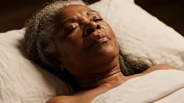 Serene Elderly Woman in Her 60s Lying on White Linen Pillow, Eyes Closed in a State of Relaxation, Conveying Calmness and Wellness