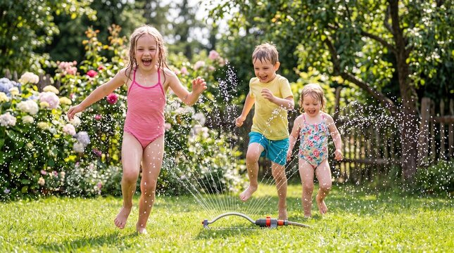 Kids running through garden sprinklers summer fun outdoor play