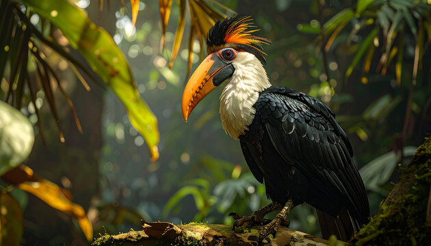 Exotic bird perched in lush jungle setting with vibrant colors and detail