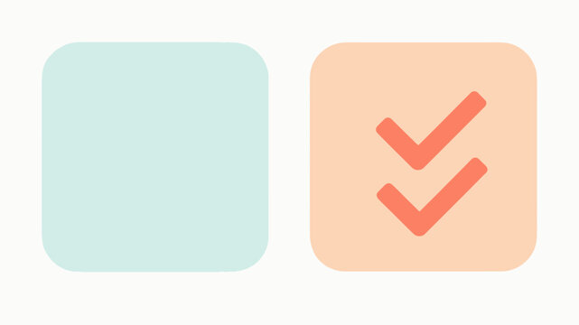 Minimalist comparison icons featuring an empty pastel square and a peach square with double checkmarks for verification
