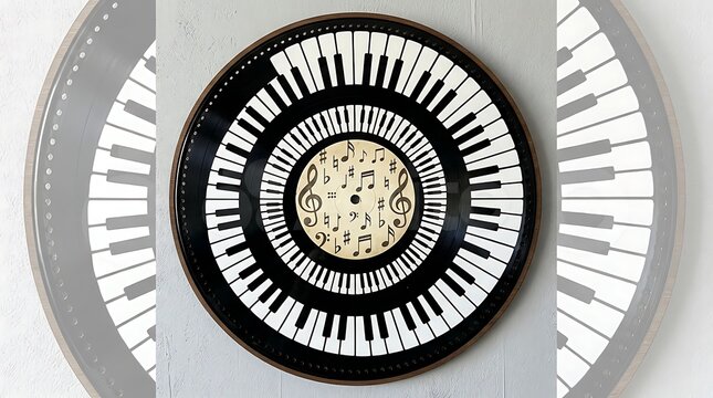 Circular piano keyboard design with musical notes background illustration