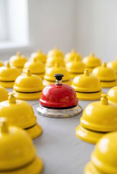 Red reception bell among yellow bells customer service attention concept