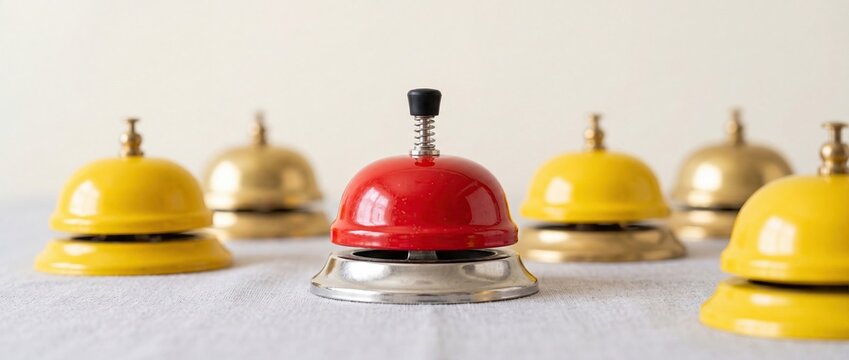 Red reception bell among yellow bells customer service attention concept