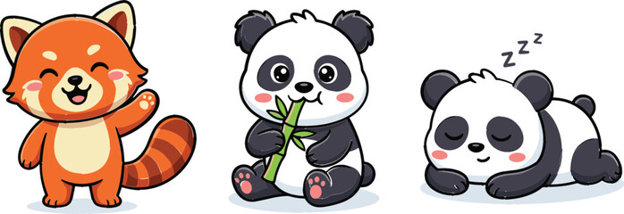 Cute cartoon red panda and giant panda characters vector set © Hossain