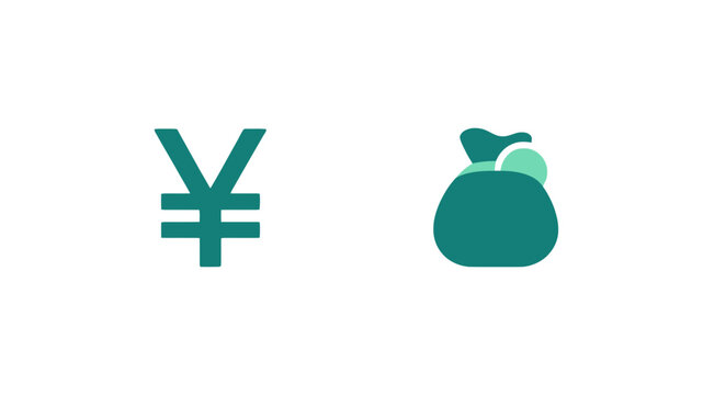 Teal yen currency symbol and money bag vector icons representing wealth, savings, and financial investment profit