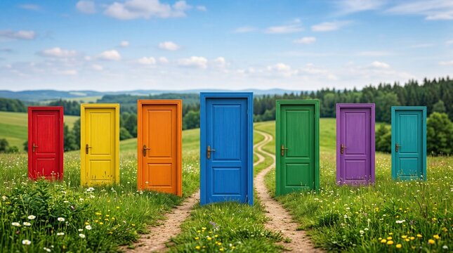 Colorful doors in meadow symbolizing choices and new opportunities