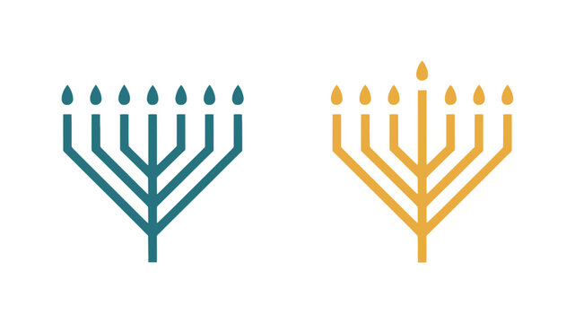 Stylized vector icons of seven branched candelabras in teal and gold colors representing tradition and spiritual light on a white background