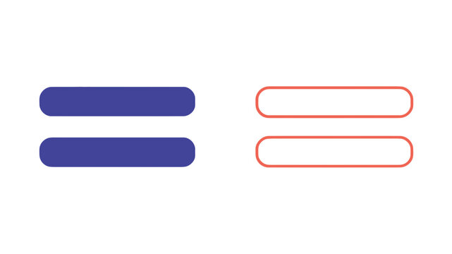 Comparative vector icons of equality signs showing a solid purple fill and a red outline version to represent balance and contrast