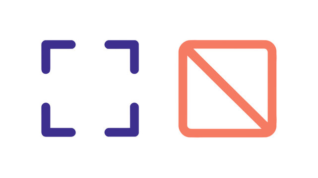 UI control elements featuring purple corner focus guides and an orange square with a diagonal cancelation strike