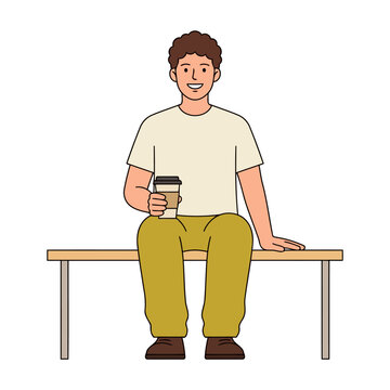 A man sits quietly on a simple bench facing forward. Flat vector modern illustration