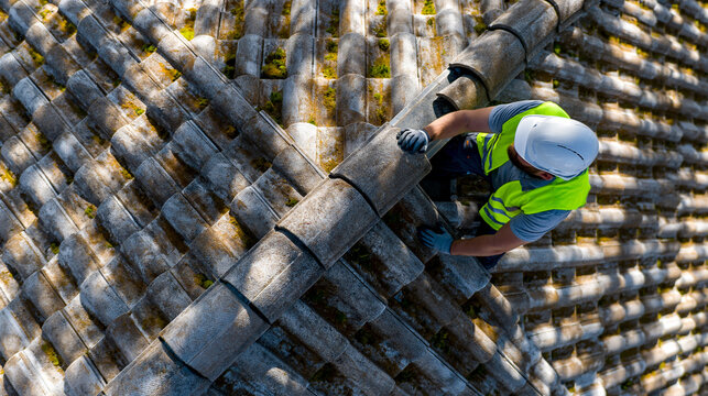 Dachdecker mit Schutzhelm arbeitet auf altem Ziegeldach bei Renovierung