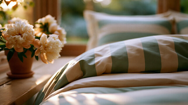 Gemachtes Bett mit gestreifter Bettw&auml;sche und Blumentopf am Fenster